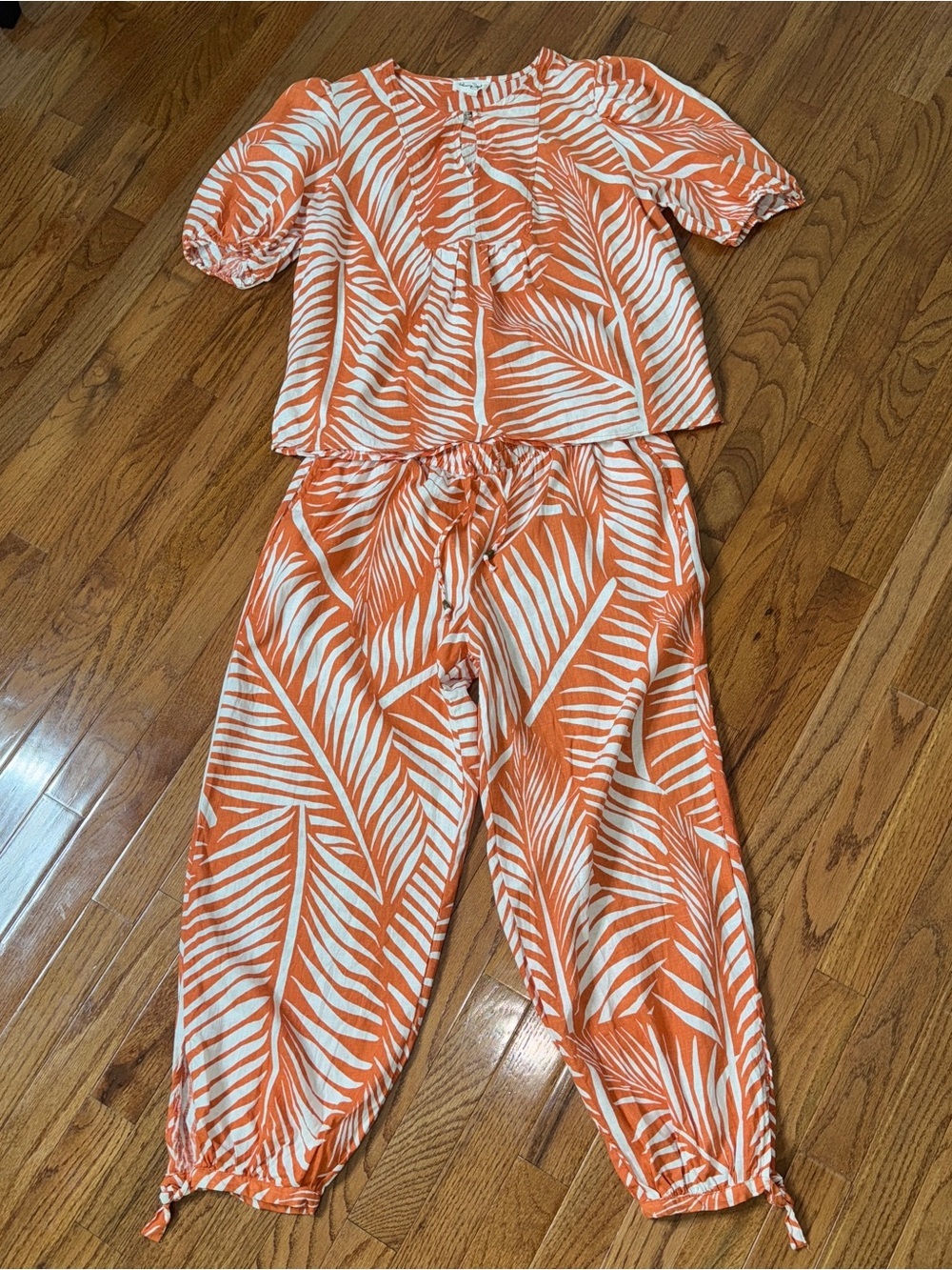 Panama Jack Hawaiian Palm Leaf Linen 2 Piece Set White Rust Orange